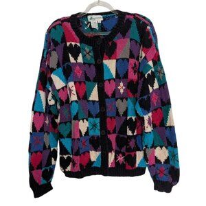 Vintage Heart Argyle Cardigan Womens Size Small Black Patchwork Knit Sweater